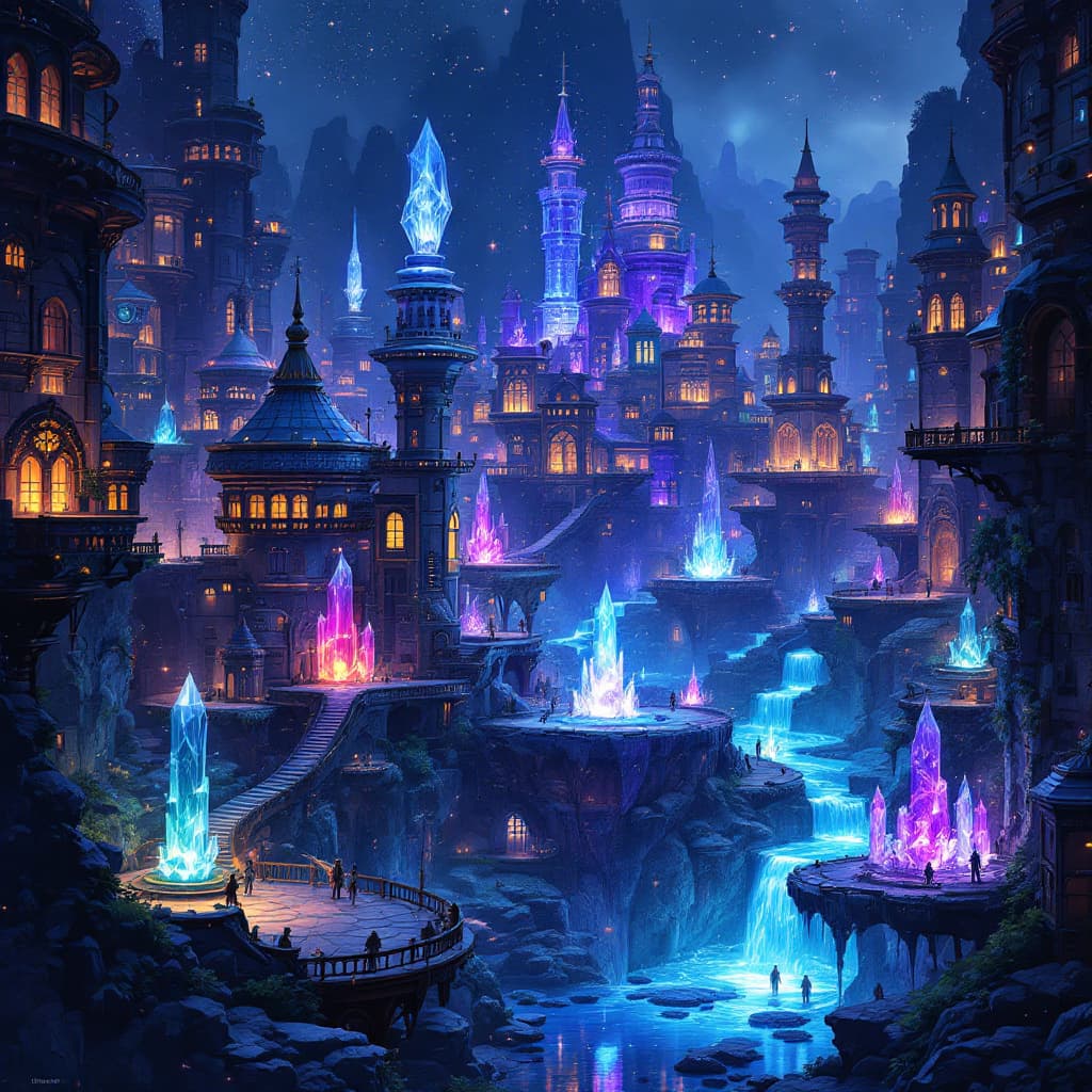 AI generated: A magically technological city downtown. Short buildings. Crystal quarry in the center. Fantasy art ...