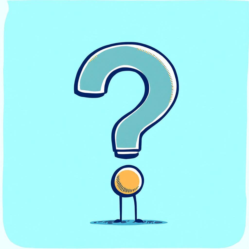 AI generated: Minimalist cartoon character with question mark head, simple line art, friendly pose, warm colors, c...