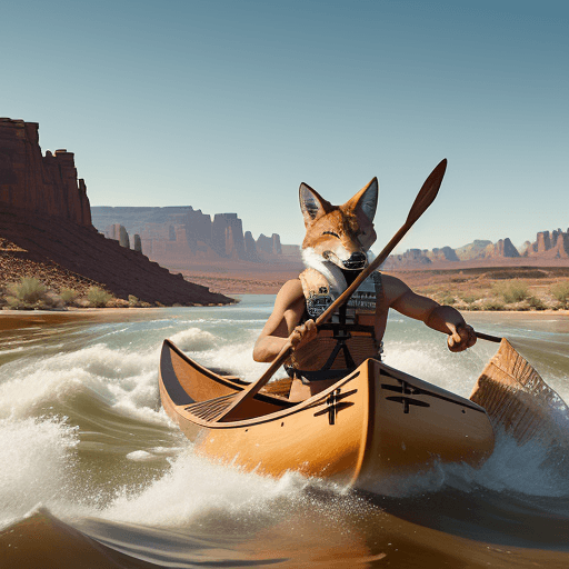 AI generated: native amertican art of cypherpunk coyote maneuvering a canoe with a wooden paddle down a roaring ri...