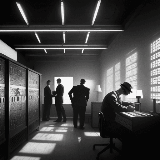 AI generated: Hyper realistic eye level interior photo of a mid century Eniac Computer and working men, colorized ...
