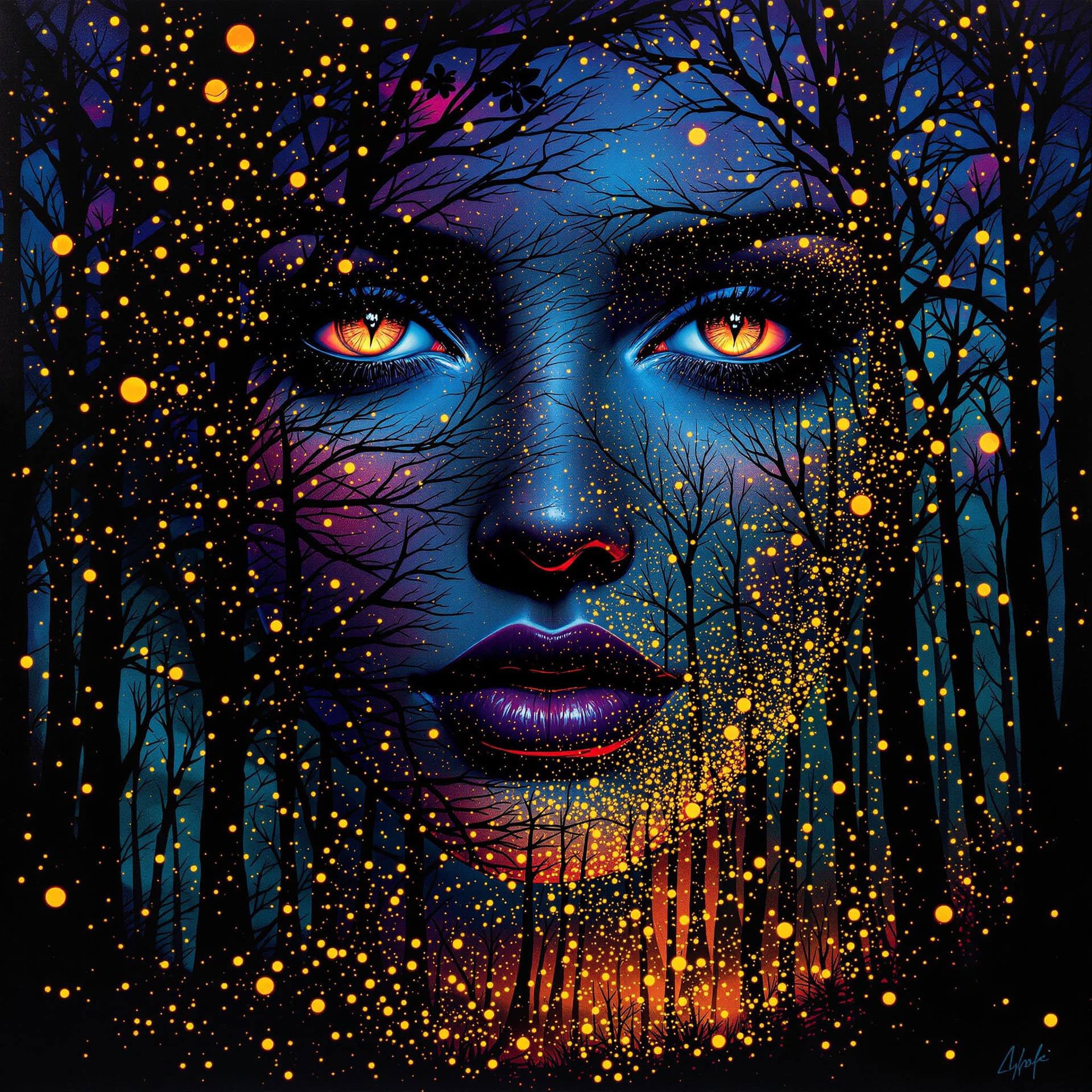 AI generated: A captivating abstract portrait of a woman's face that artfully blends her features with a nighttime...