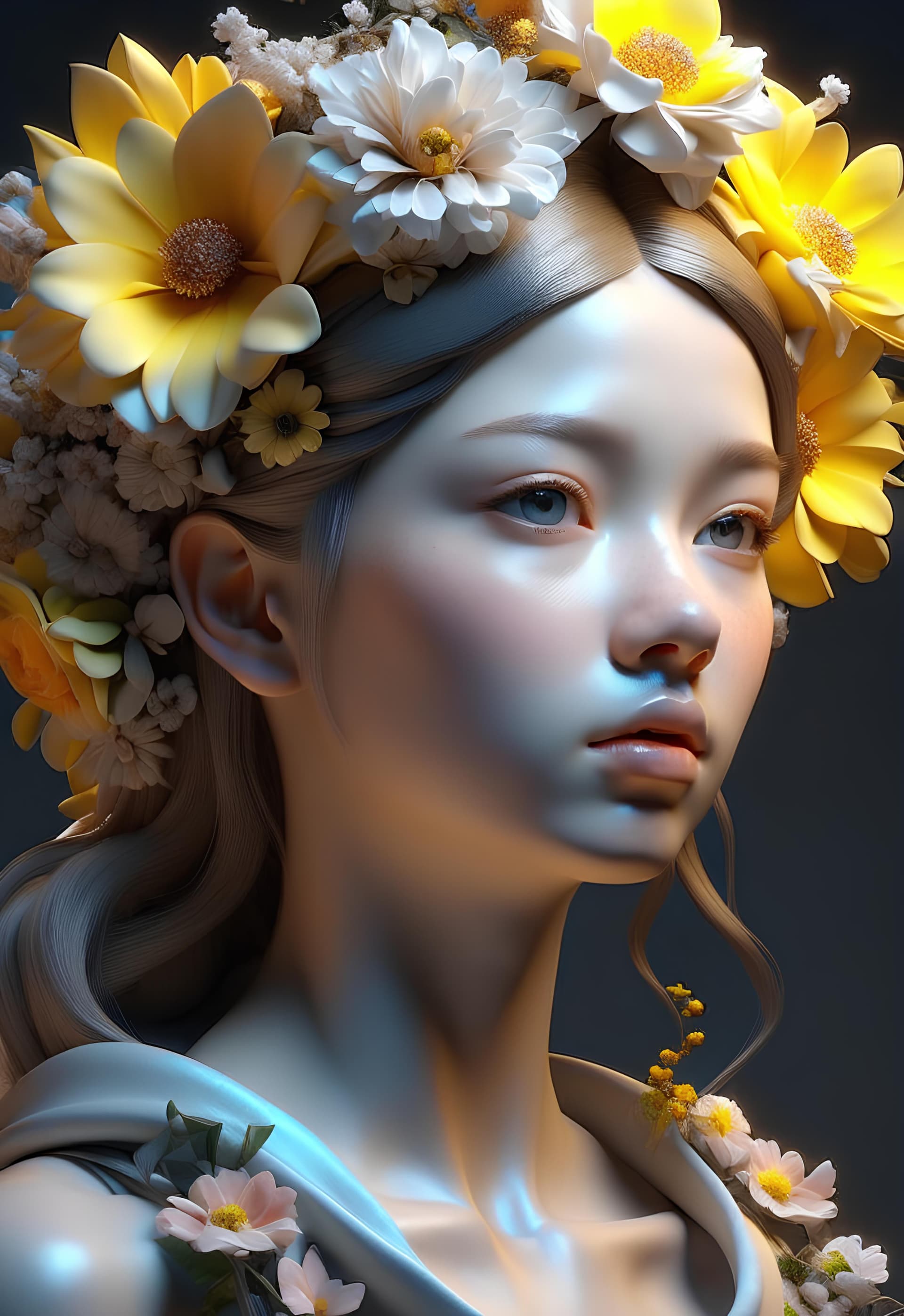 AI generated: drawing an artistic digital image of a girl that has flowers in the crown, in the style of frank cho...
