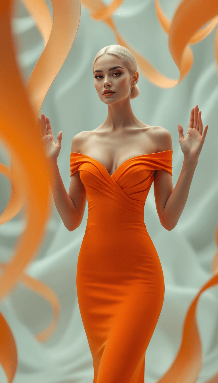 AI generated: The image features a woman standing confidently with both hands lightly touching the swirling, ribbo...