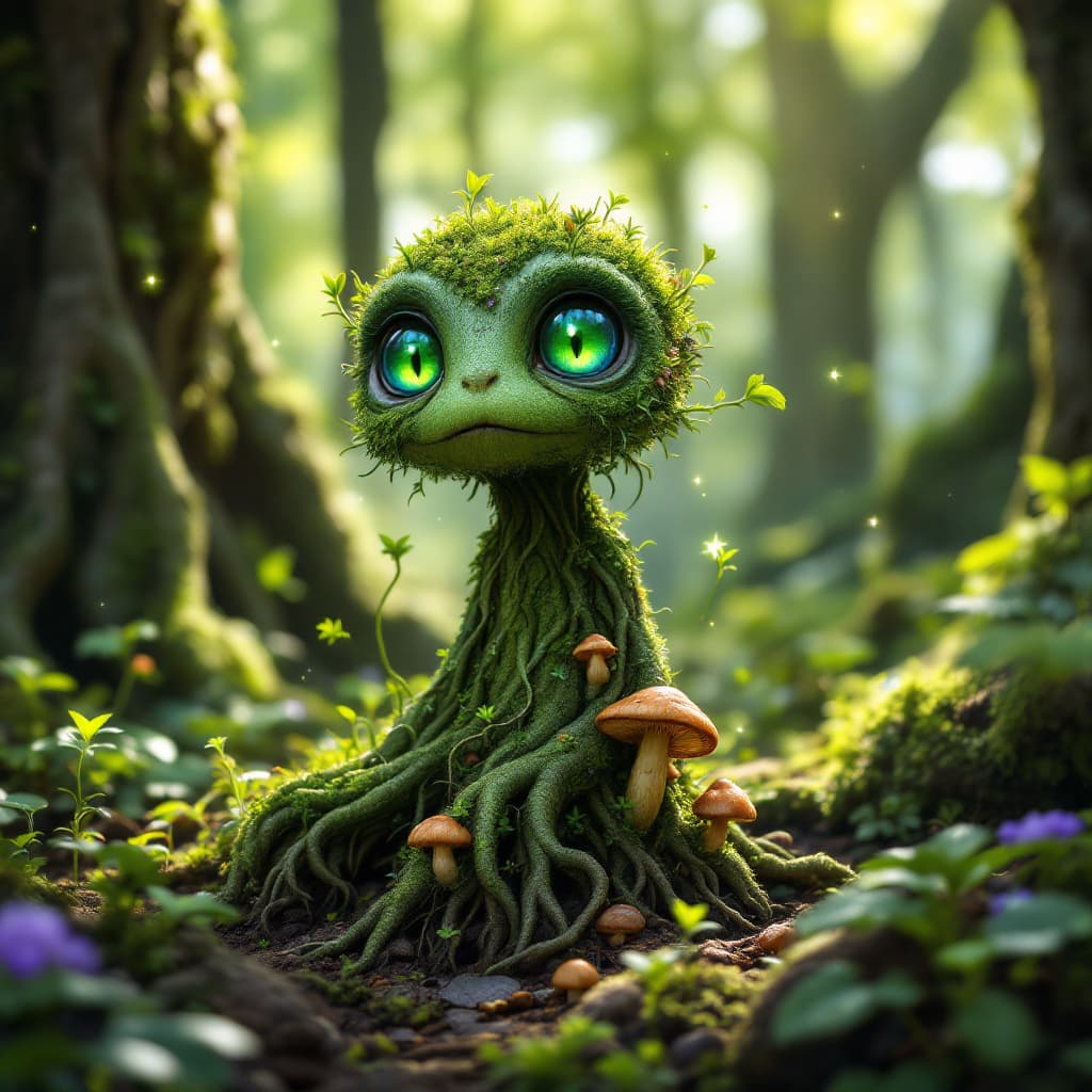 AI generated: A vibrant, magical saproling creature emerging from the forest floor, its body formed of twisting ro...