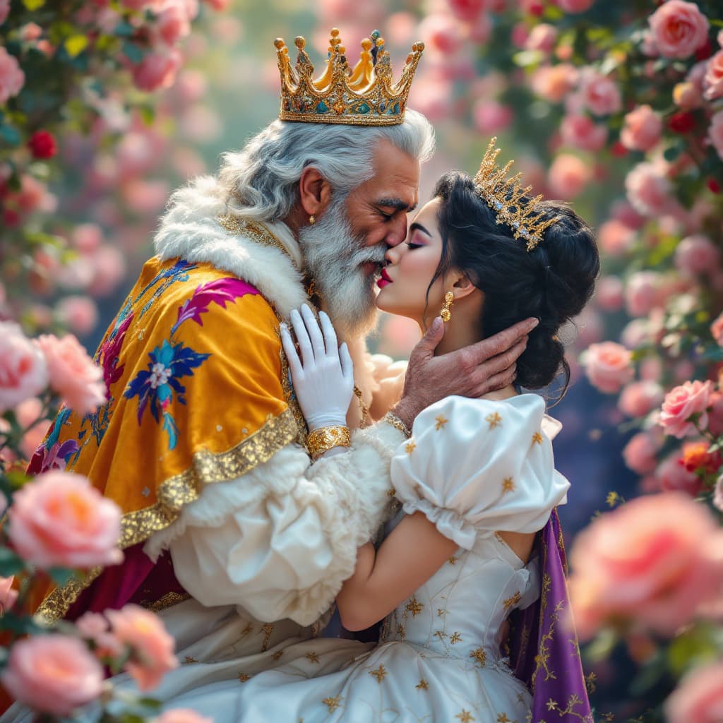 AI generated: full body shot, a beautiful repulsed disgusted asian Cinderella being passionately kissed by an old ...