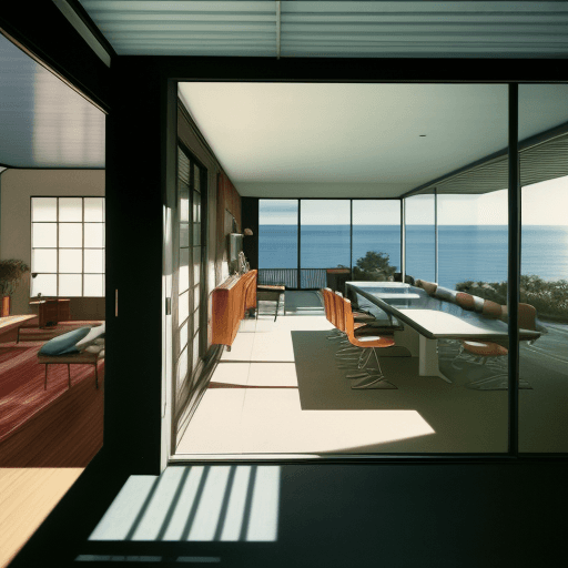 AI generated: Hyper realistic eye level exterior photo of a mid century modern style house overlooking the ocean, ...