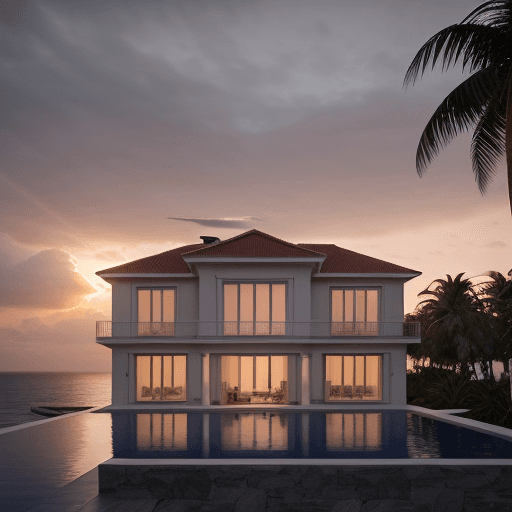 AI generated: a 4k ultrarealistic photorealistic seaview mansion, during slightly cloudy evening and sunset. The h...