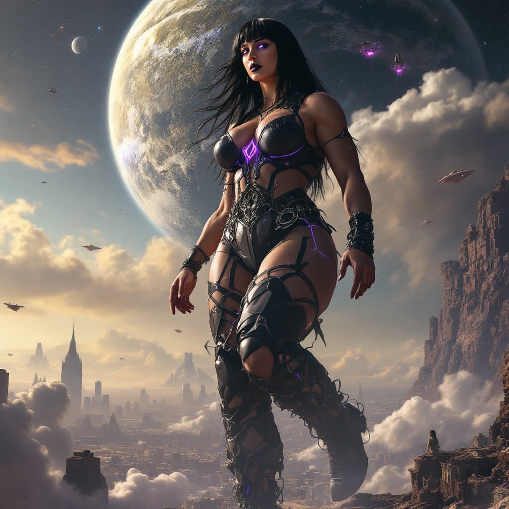 AI generated: truly enormous giantess female Rhea Ripley from WWE with black medium length hair and straight bangs...