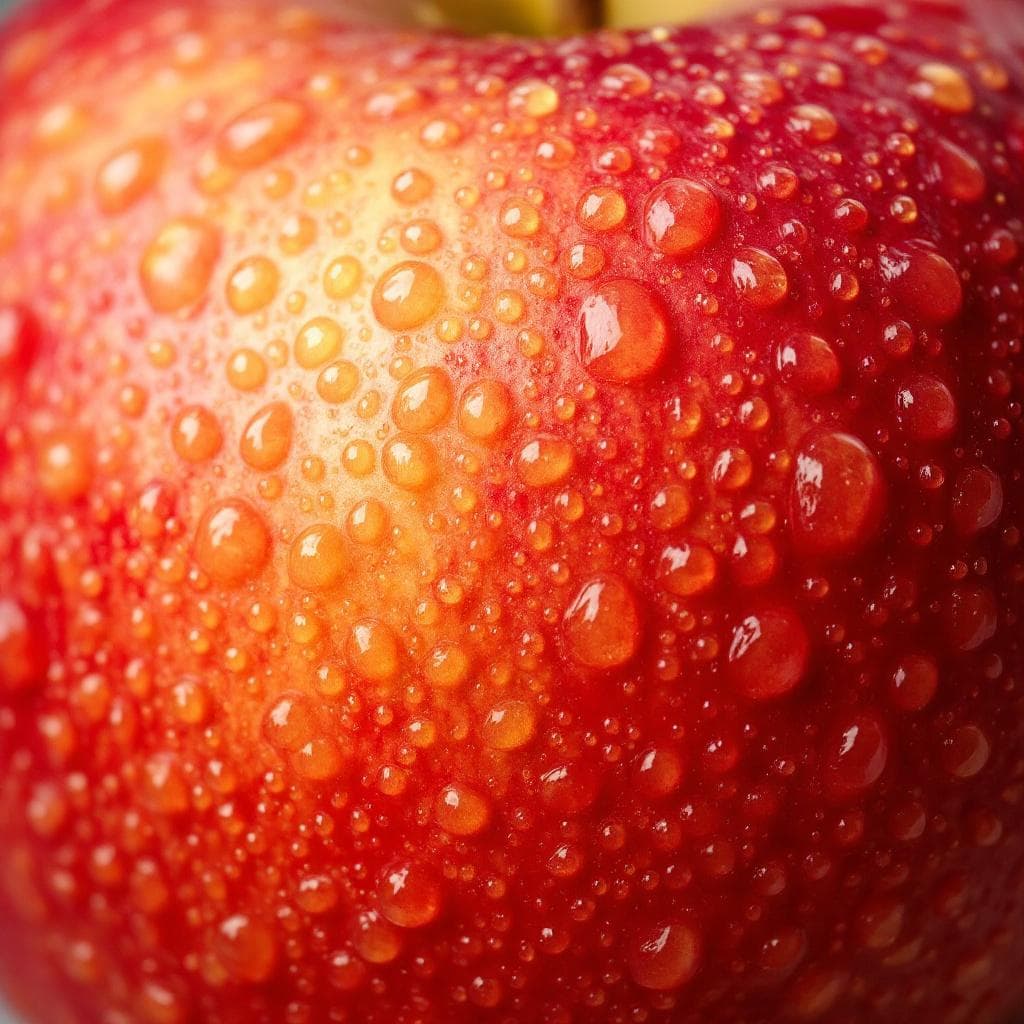 AI generated: Extreme close-up of apple skin texture with water droplets, red/yellow autumn hues – used for health...