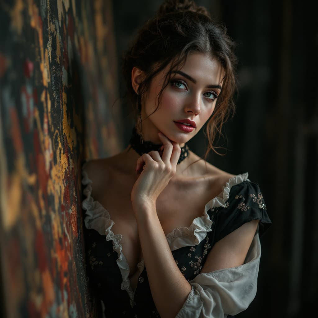 AI generated: elegant female dressed as french artist, painter, (full body visible), looking at viewer, portrait, ...