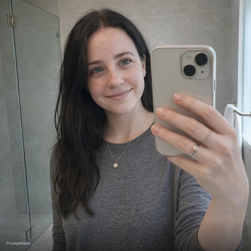 AI generated: Create an ultra-photorealistic horizontal (landscape) mirror selfie of a young adult woman inside a ...