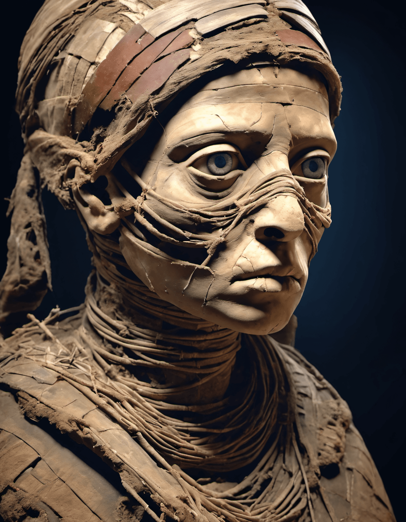 AI generated: Masterpiece, Best Quality, Ancient mummy portrait , a young woman , Preserved yet lifeless, sunken b...