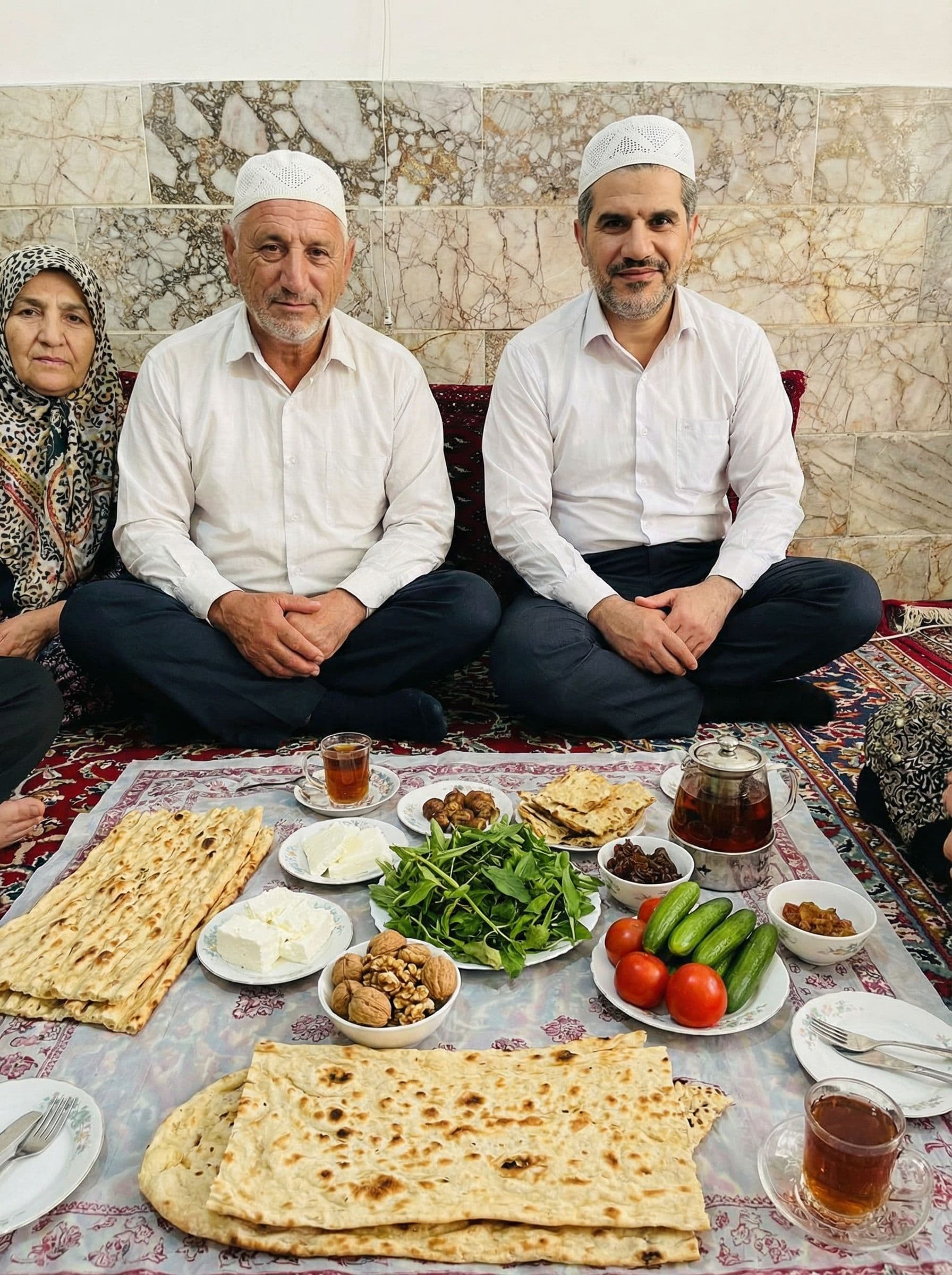 AI generated: لباس مرد سفید پیراهن تنش باشه و کلاه سفیرو سرش باشه بطور طبیعی و تغییر در چهره دوره  دور سفره افزار ...