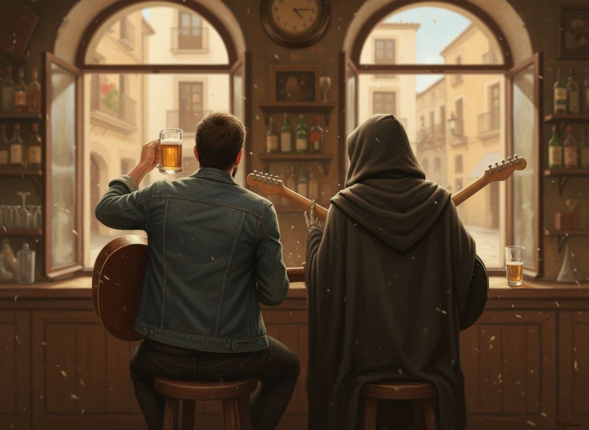 AI generated: the Grim Reaper and a man sitting at the bar, viewed from behind, the man is holding a guitar and a ...