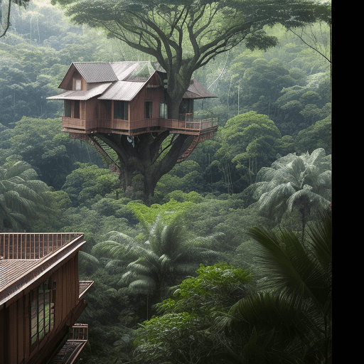 AI generated: A raw photograph capturing a sustainable treehouse community nestled in a dense rainforest. The view...