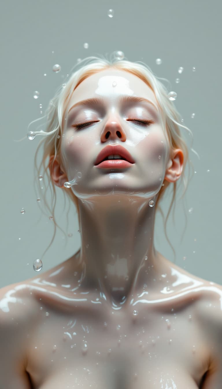 AI generated: a stylized artistic 3/4 body representation of a woman with pale skin, light blonde hair, and closed...