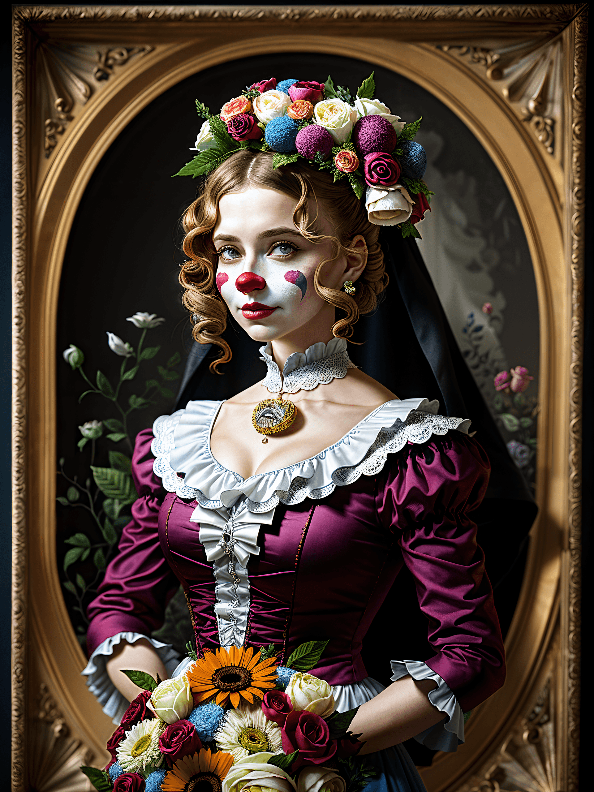 AI generated: (Award Winning Masterpiece Image:1.2), A (Victorian Clown:1.2) in a (Bridal Gown:1.2) made of flower...