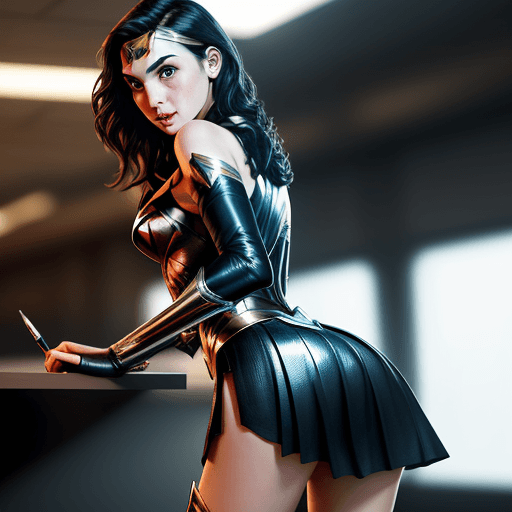 AI generated:  tight skirt, shiny skirt, picking up a pen from the floor, from behind, look like gal gadot, fix fa...
