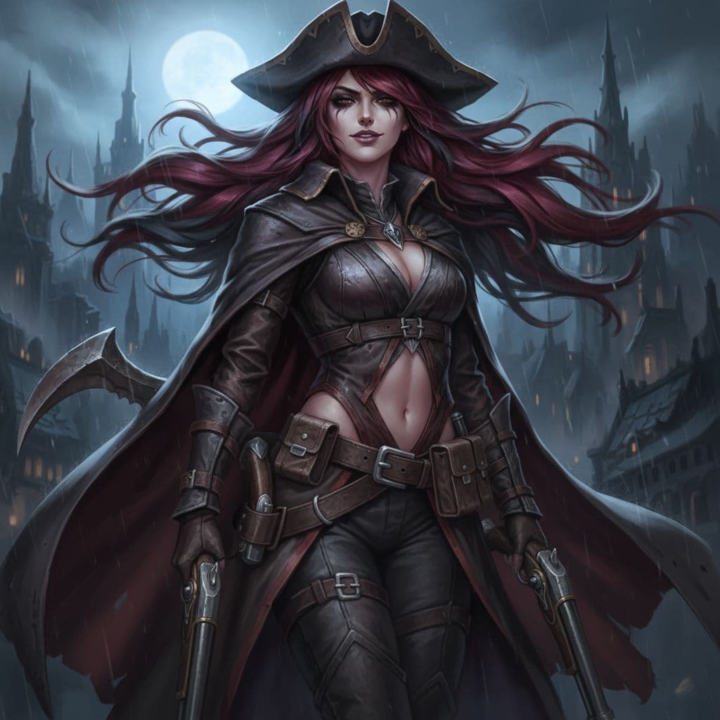 AI generated: Hyper realistic Digital artwork of Miss fortune fom league of legends as a huntress from Bloodborne....