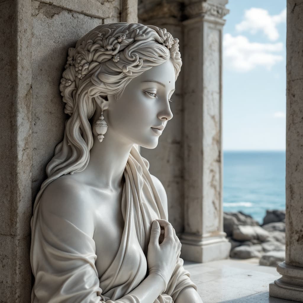AI generated: Beautifully sculpted marble statue of a woman. Its in the middle of a templet with a seaview. 