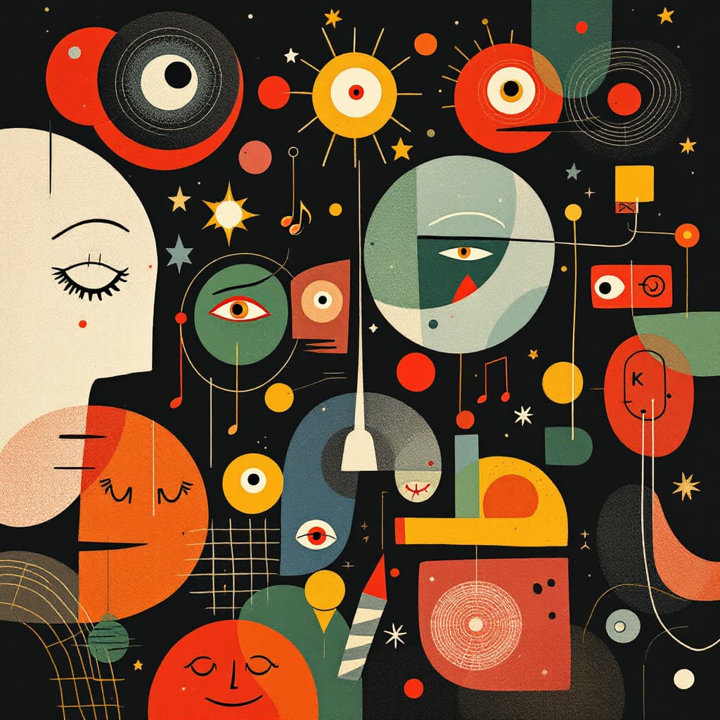 AI generated: Abstract vector illustration of various symbols, planets and characters, including musical notes, ey...