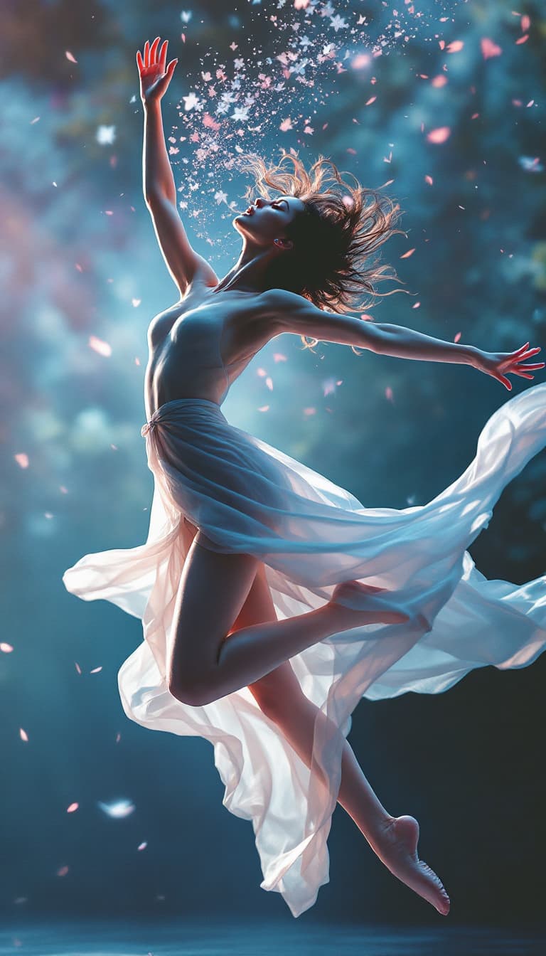 AI generated: In a surreal dance of delicate movement, the ethereal beauty is captured in this portrait of a midai...