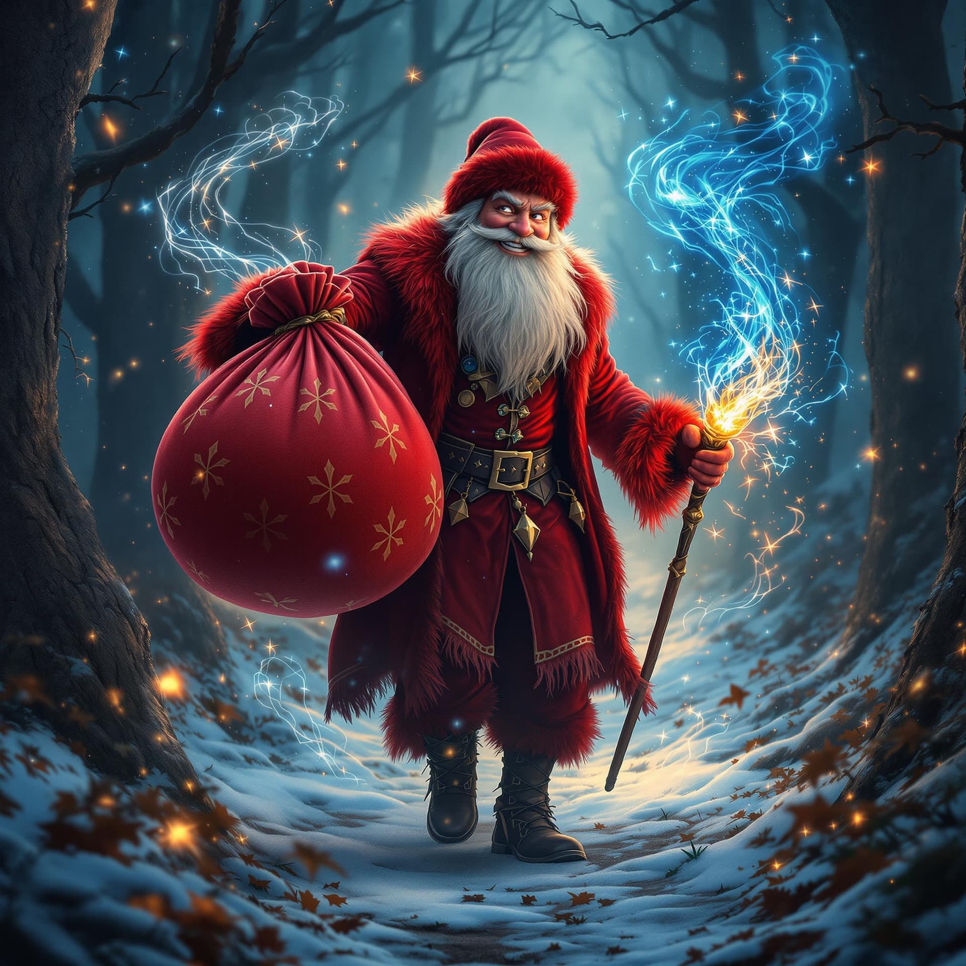 AI generated: movie poster, smiling kind russian uncle frost wearing red rocker clothes is depicted in an action p...