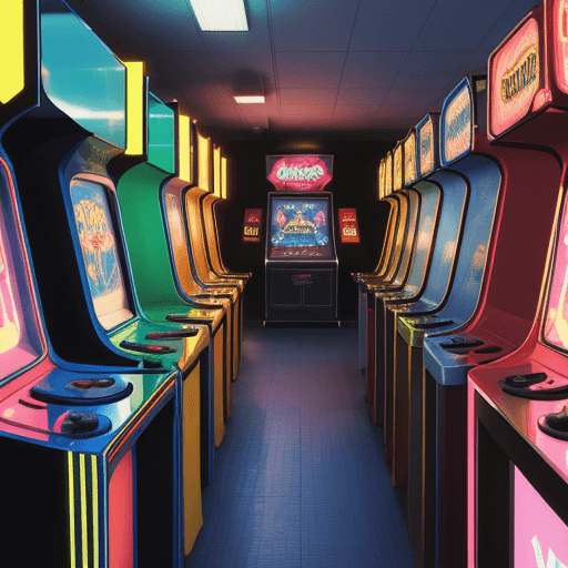 AI generated: 80s style arcade, high resolution, huge arcade, liminal 