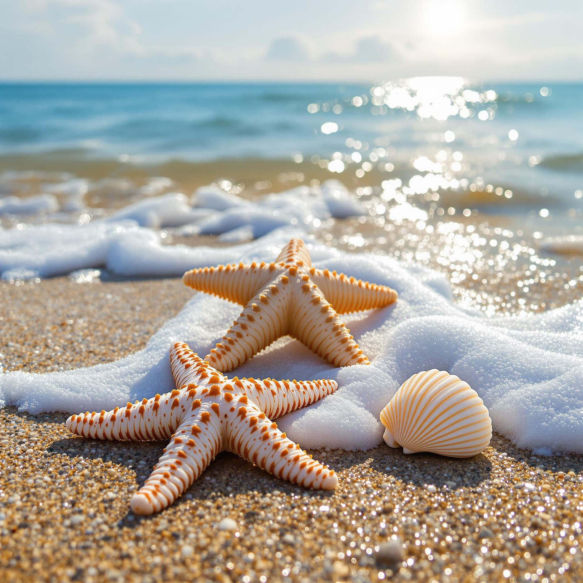 AI generated: A starfish and a seashell at surfs edge on a sunny day 8K resolution