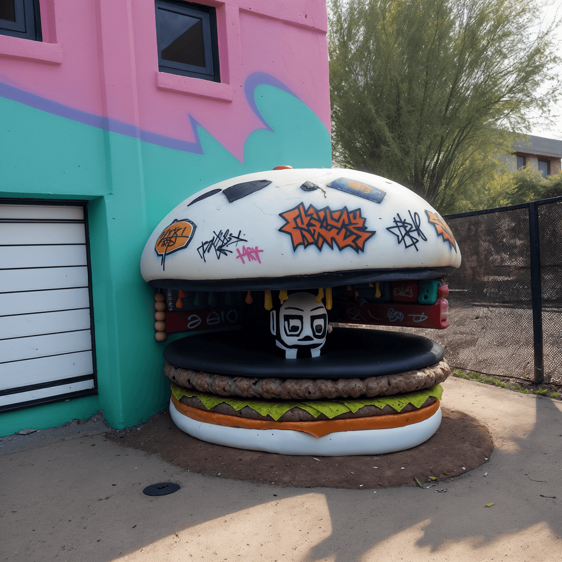 AI generated: hdr film still lifelike textures,made of graffiti a hamburger build to mimic graffiti, tone mapping,...