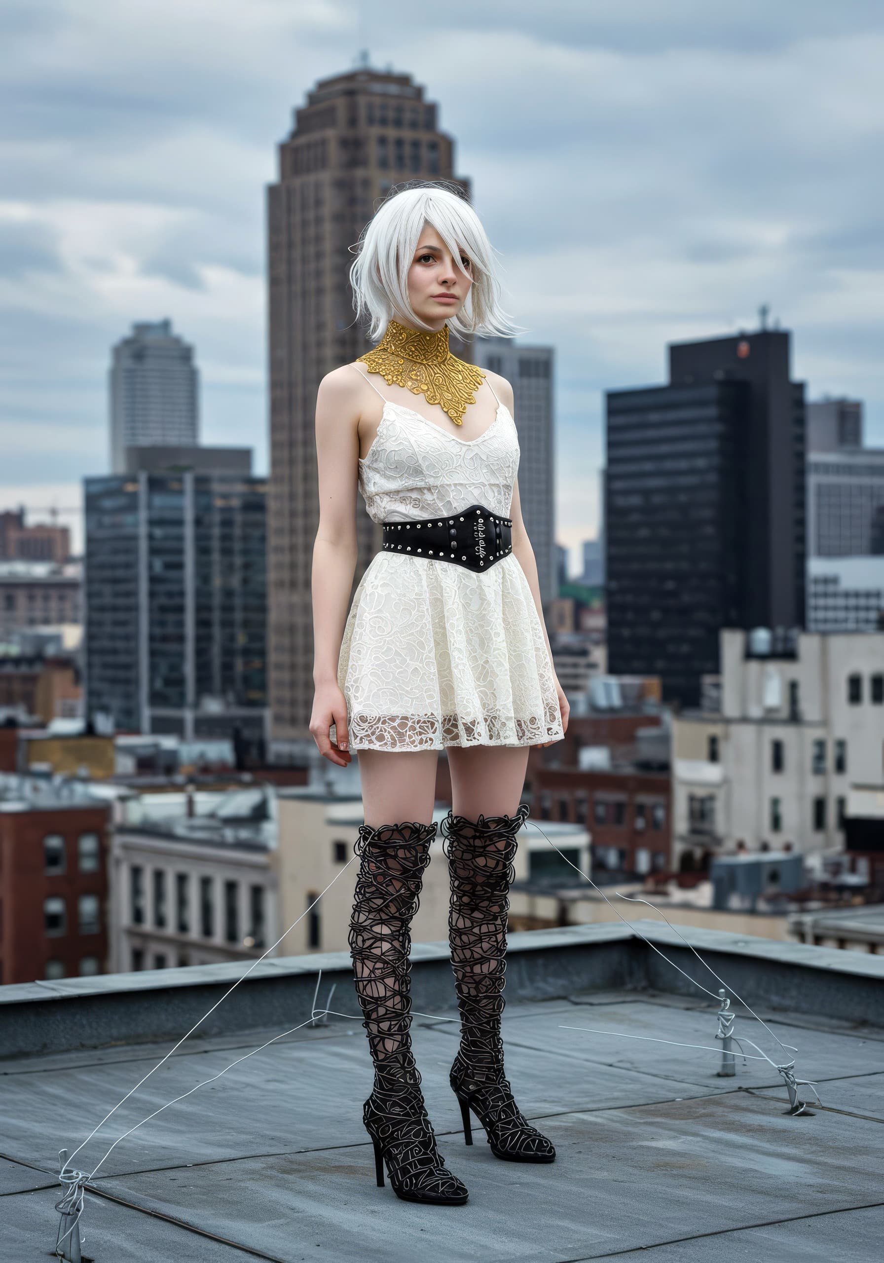 AI generated: a young woman with white hair in a white sun dress and golden lace neck, black over sized metal belt...