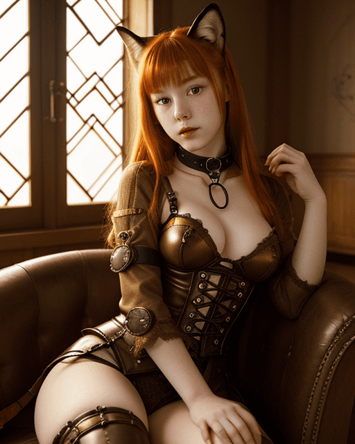 AI generated: (warm glow) (close portrait) ginger kitsune girl  wearing thick bdsm collar on chaise lounge, steamp...