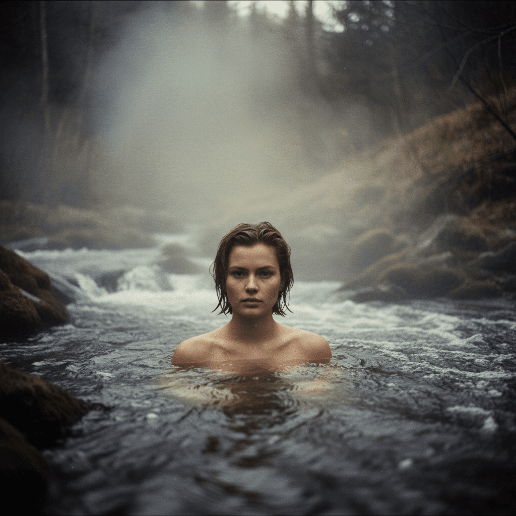 AI generated: hot spring in  a wild river flow, steam rises from the water, a younger
 Natasja Kinski with short w...