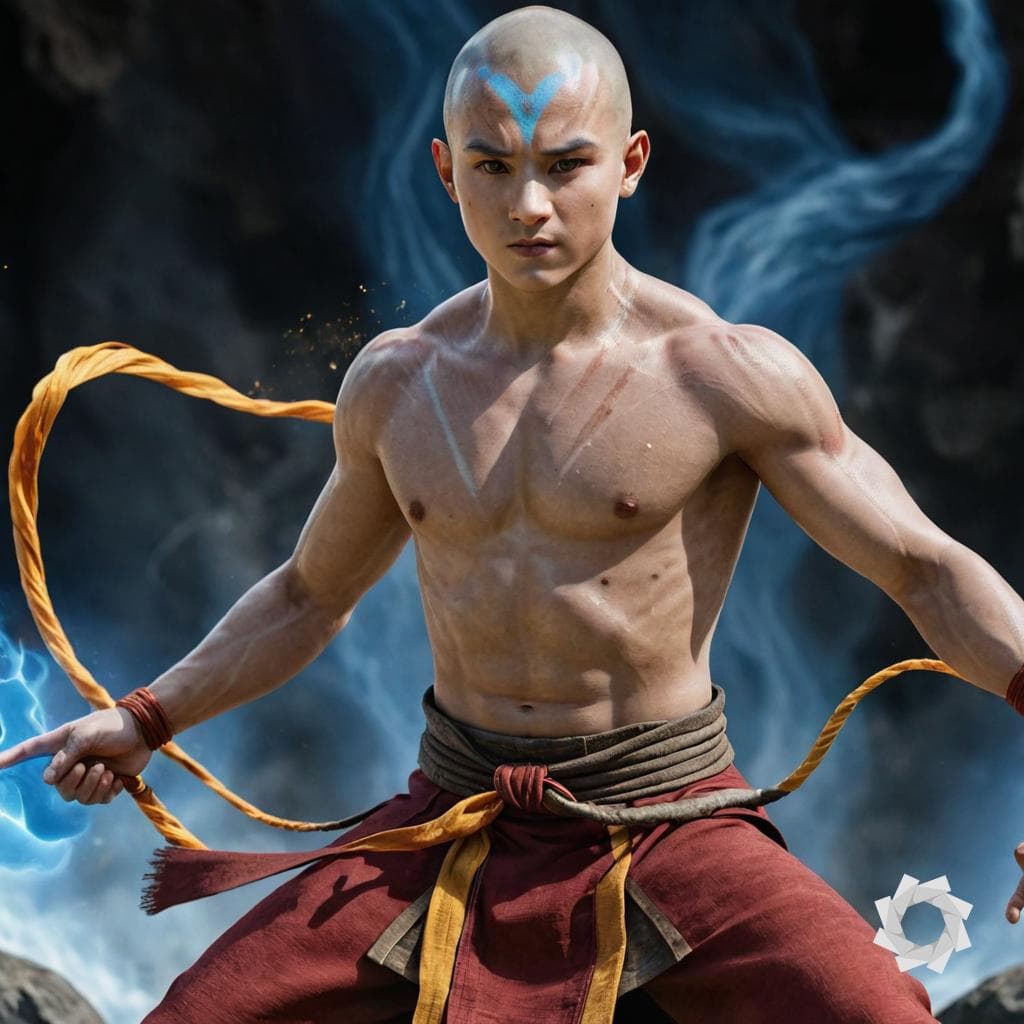 AI generated: Render a realistic depiction of Aang, the last airbender, showcasing his mastery of all bending elem...