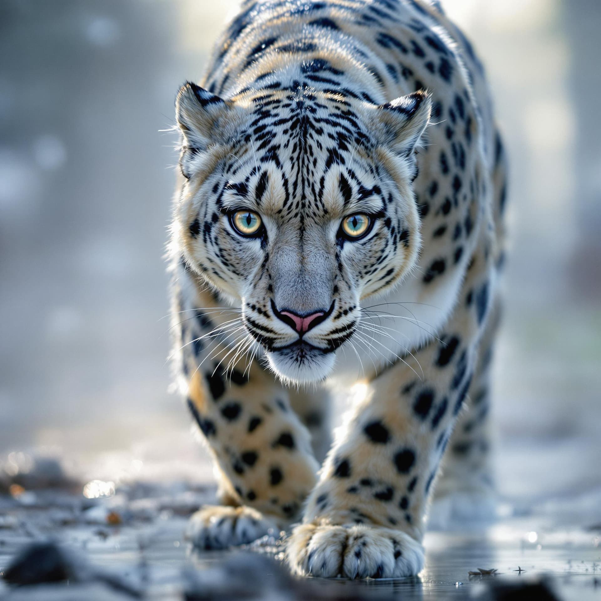 AI generated: The image captures an intense close-up of a snow leopard walking toward the viewer, with a direct ga...