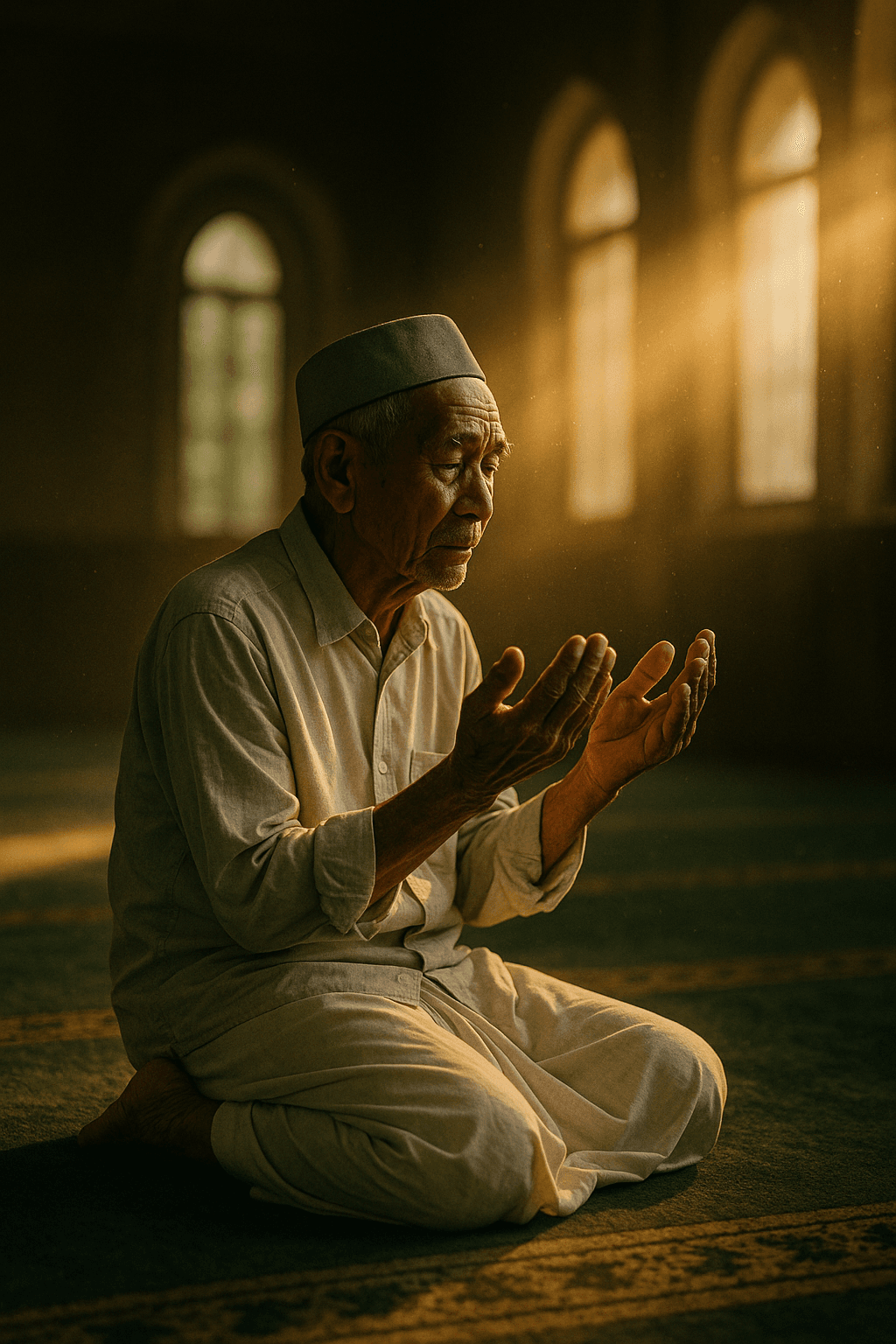AI generated: A medium shot of an elderly man praying alone in a quiet, sunlit mosque. He kneels on an aged emeral...