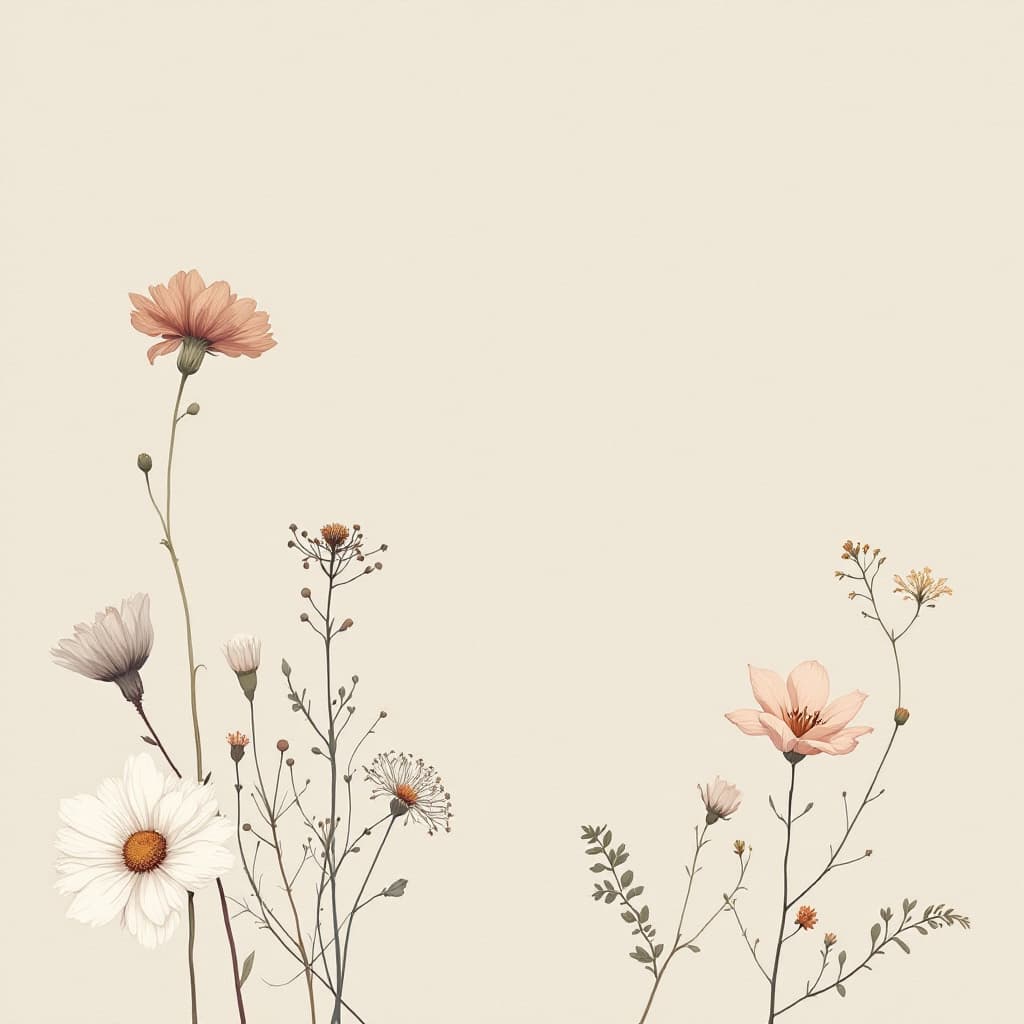 AI generated: Flat floral illustration in modern vintage style, beige background, various flowers in soft earthy t...