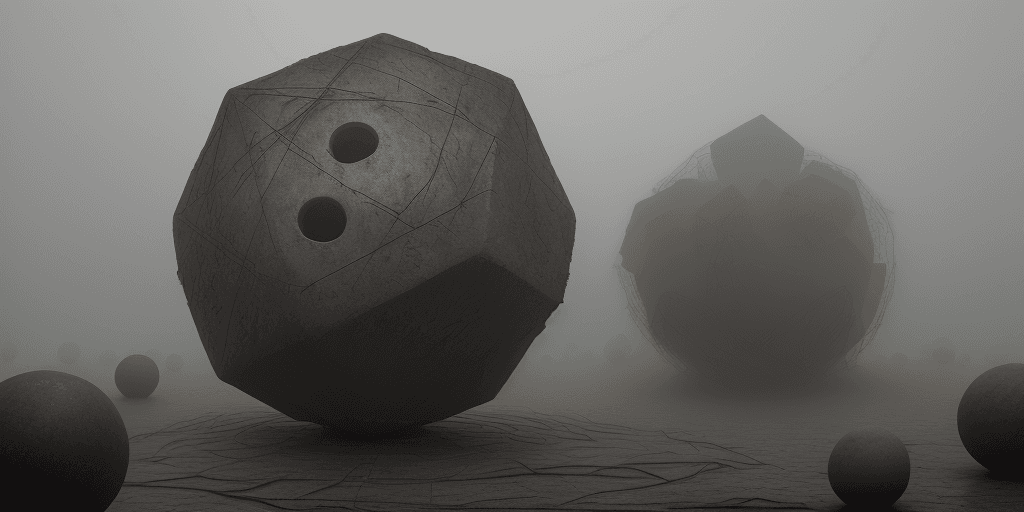 AI generated: heavy surroundings, a ball with a face made of stone, in fog, of small balls and thick, rusty, crook...
