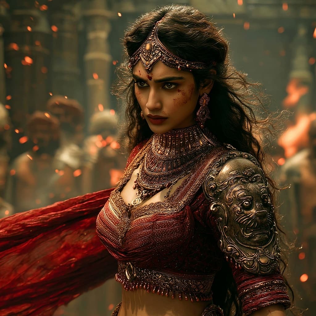 AI generated: Portrait of an exceptionally beautiful Indian warrior queen, her regal face glowing with strength an...