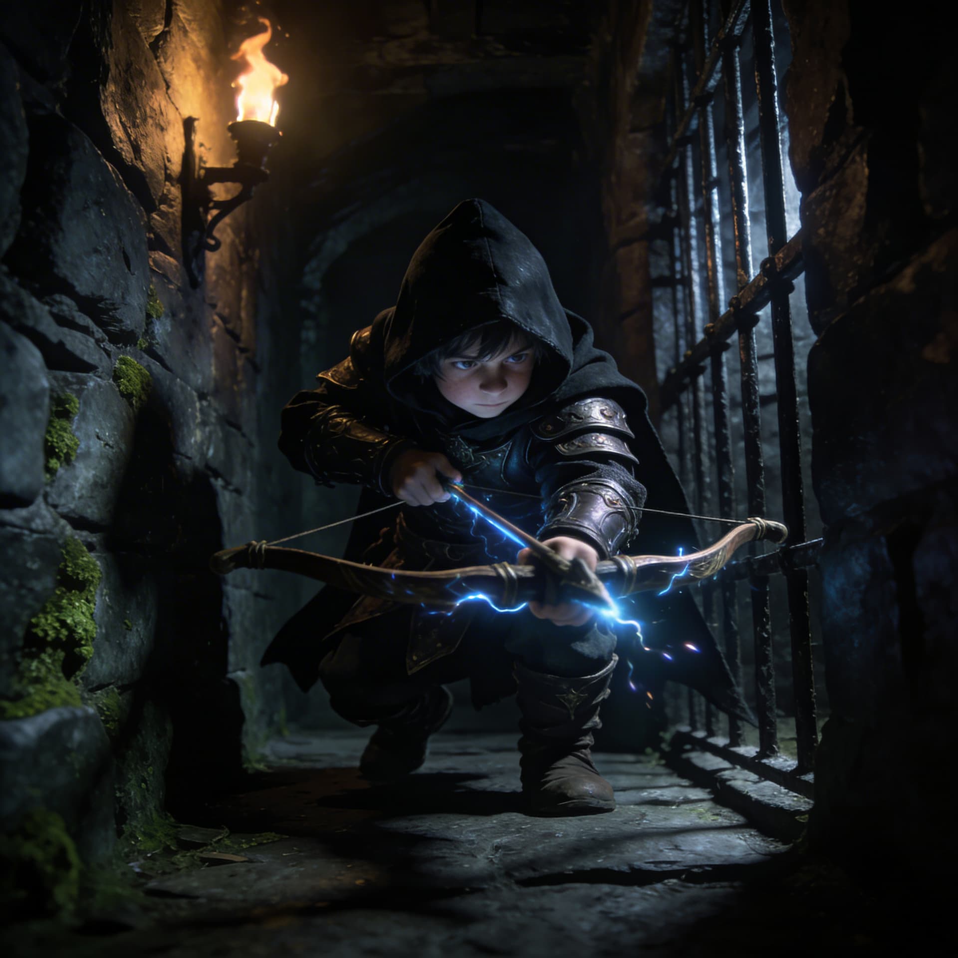 AI generated: Halfling male dressed in a black hooded cloak and dark leather armor, wielding an electricifed short...