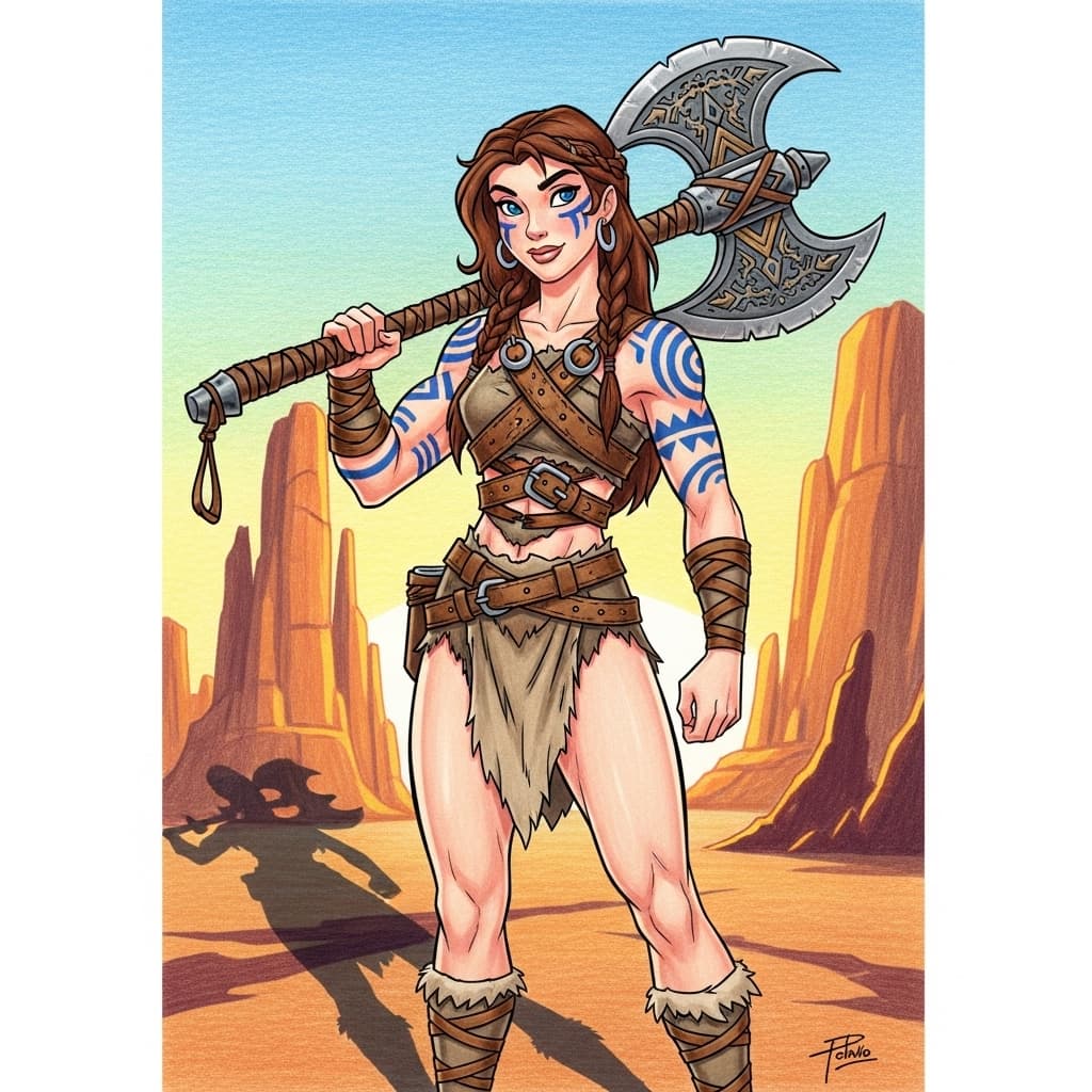 AI generated: Full body shot of young beautiful European female barbarian woman warrior, muscular, belts and loinc...