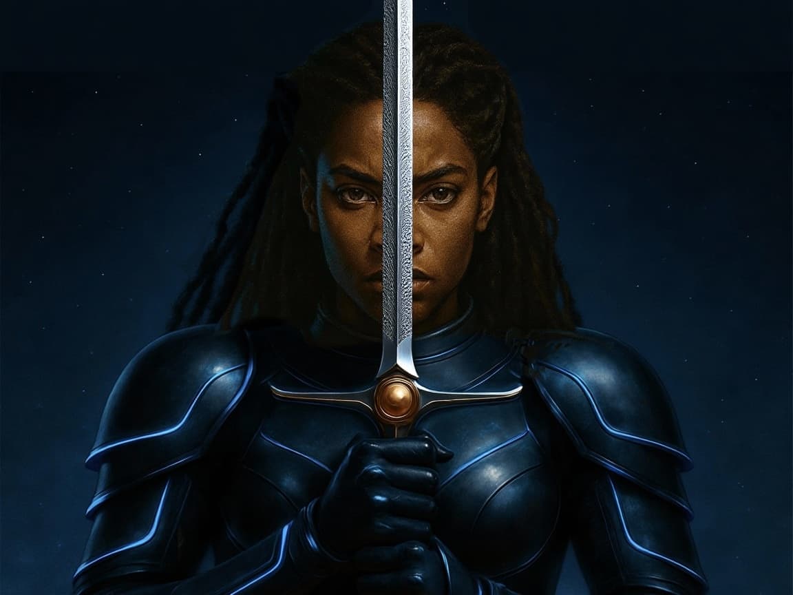 AI generated: Redo this image in its same style but make the the blade of the sword look similar in texture as the...