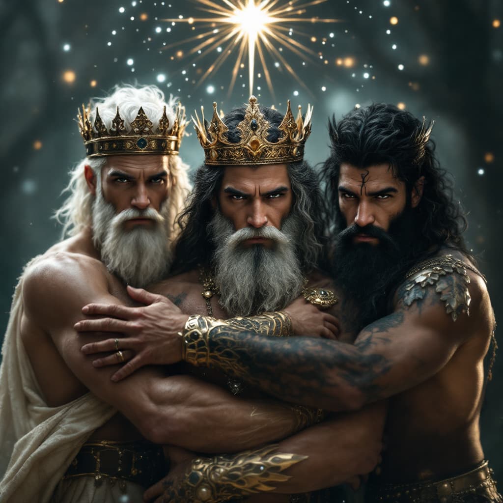 AI generated: TRES REYES MASCULINOS LOS TRES UNO PIEL BLANCA OTRO DE PIEL MORENA Y EL OTRO PIEL NEGRA INCADOS BAJO...