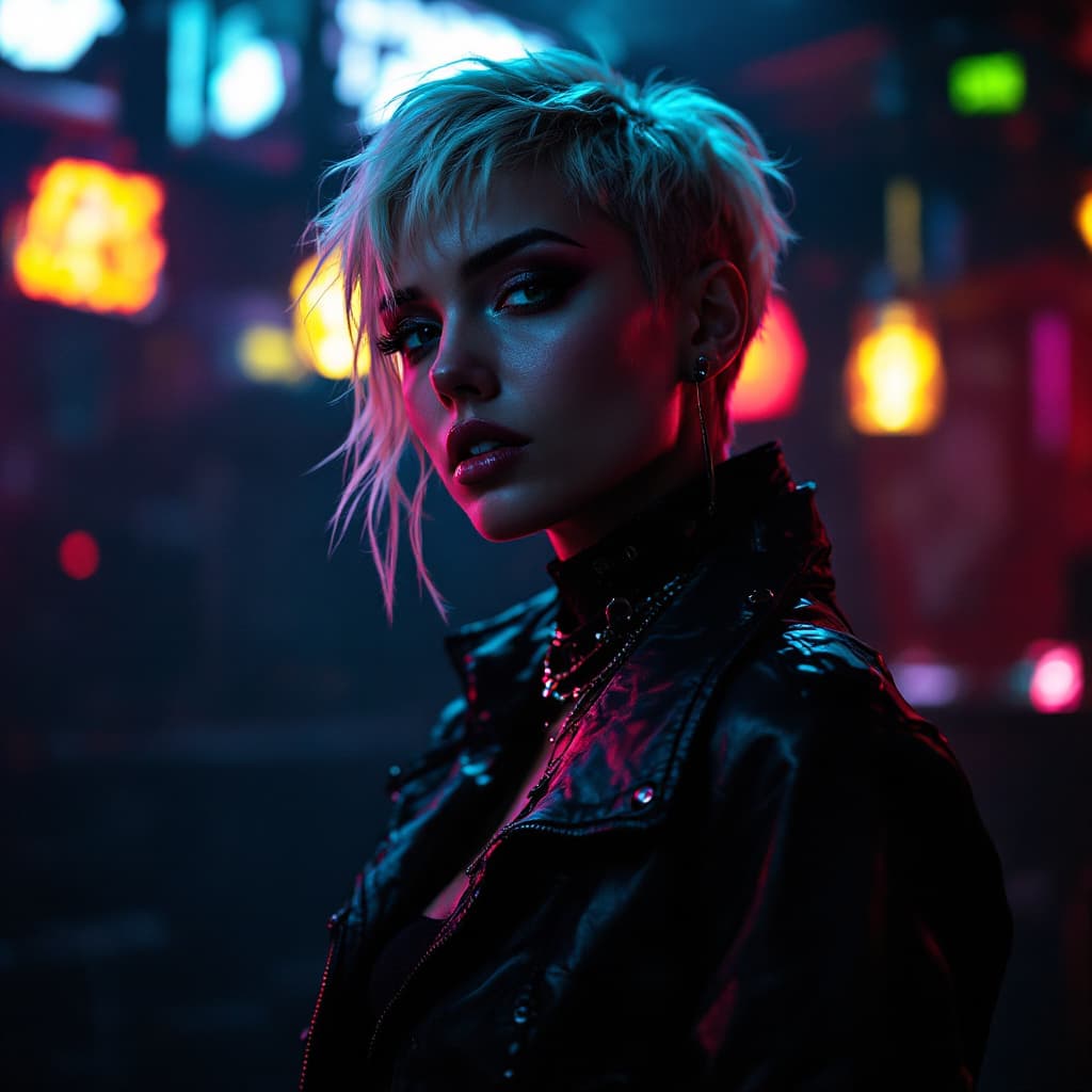 AI generated: cyberpunk photo of a female adul entertairnment dancer, short blonde pixie hair,  inside a night clu...