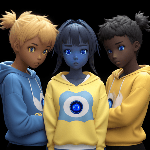 AI generated: three young people wearing blue yellow and white sweatshirts, surprised faces, 3d anime style, cyber...