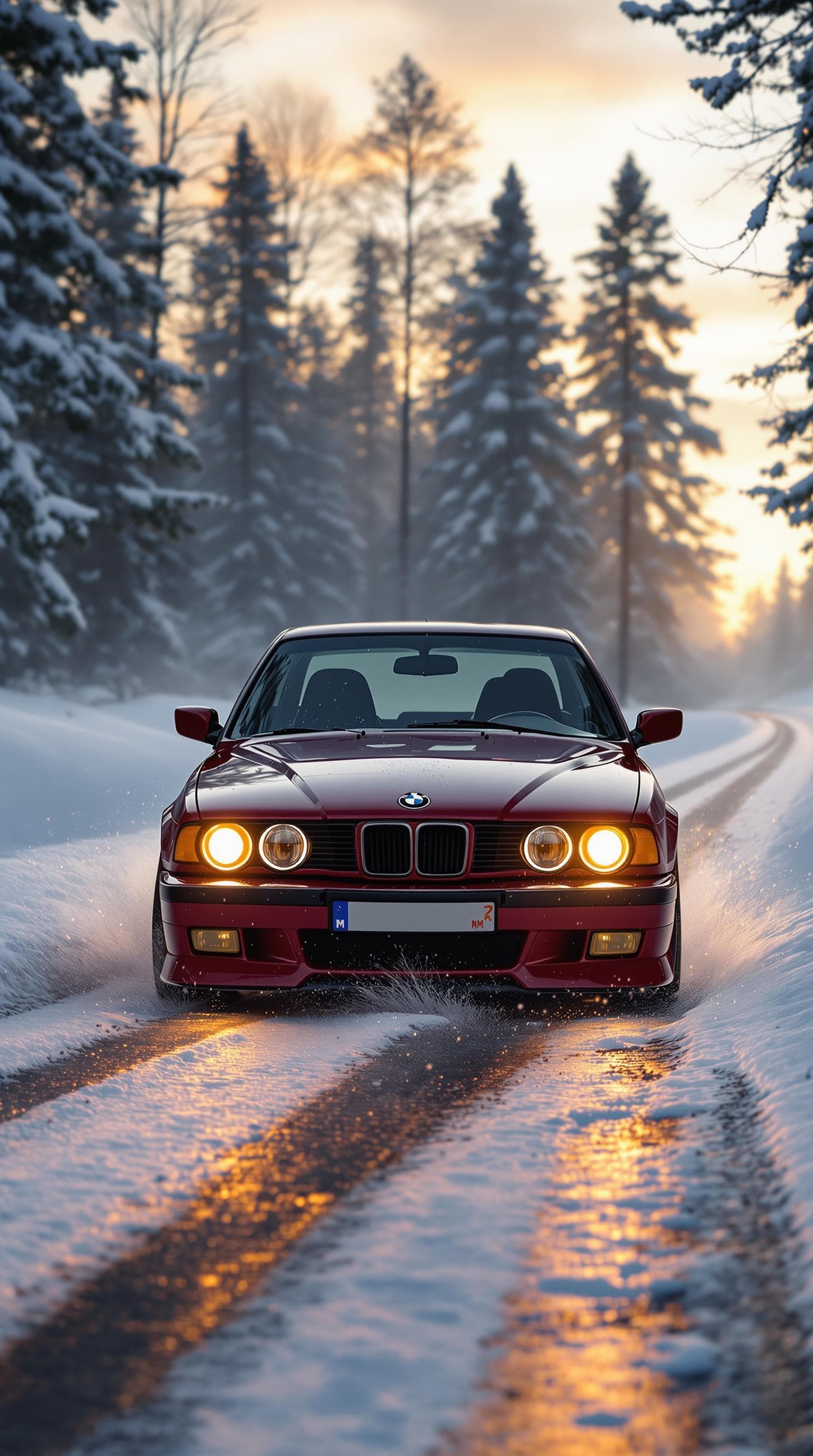 AI generated: Photo of a ultra realistic wine red bmw e39 m5, bmw angel eyes, halogen fog lights, dramatic light, ...