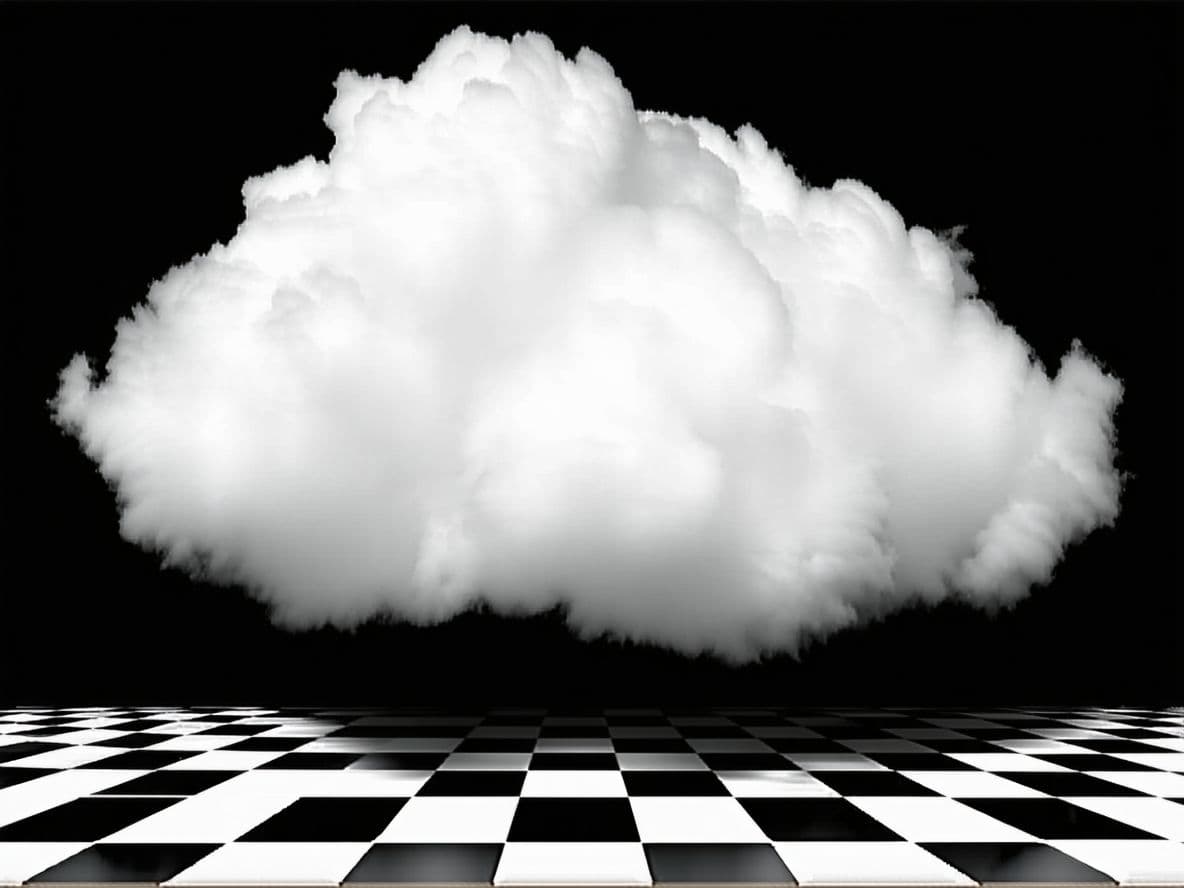 AI generated: The image features a large, white cloud hovering over a black and white checkered floor. The cloud i...