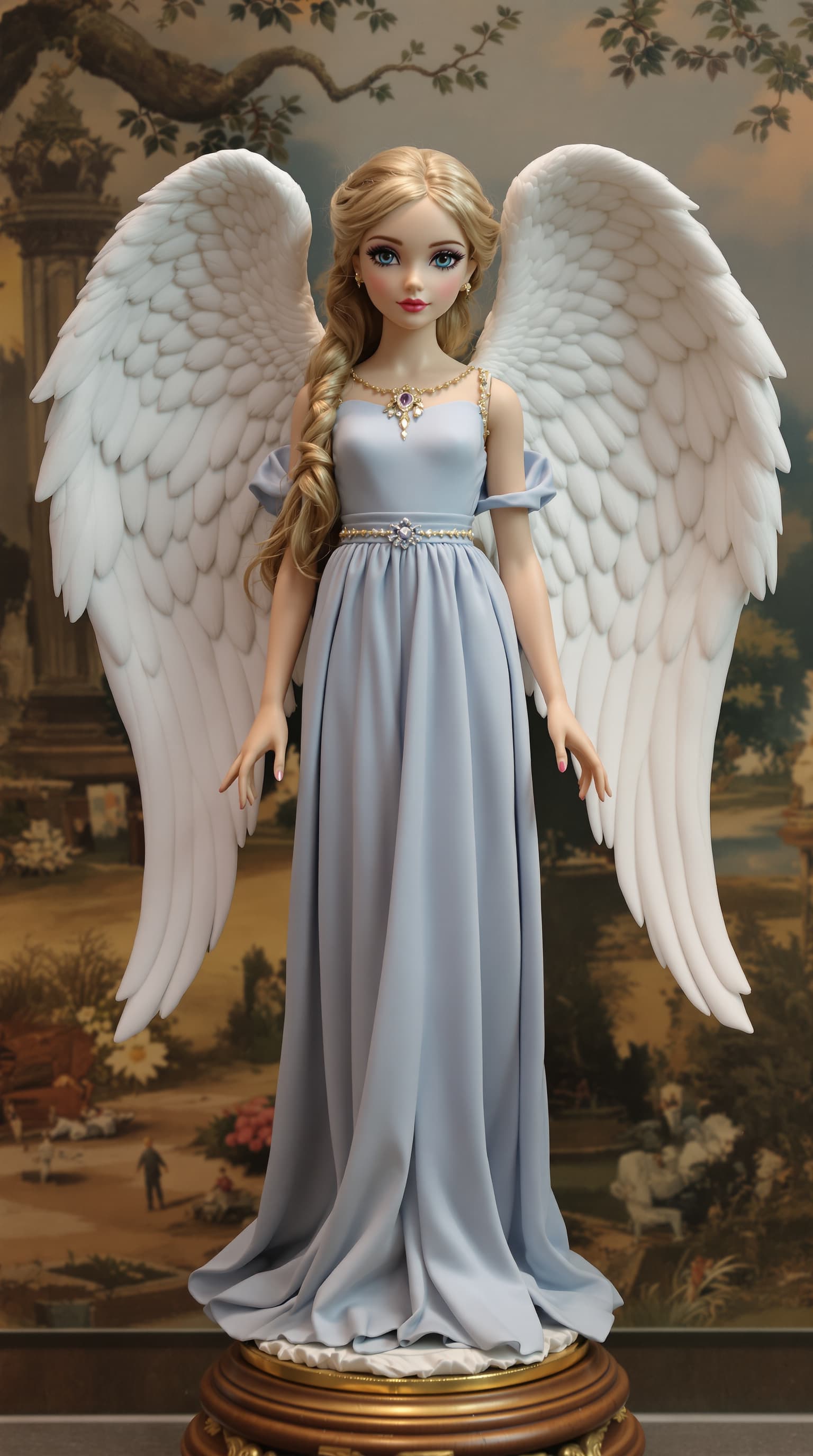 AI generated: A professional photograph showcases an exquisitely beautiful porcelain figurine of an angelic girl w...