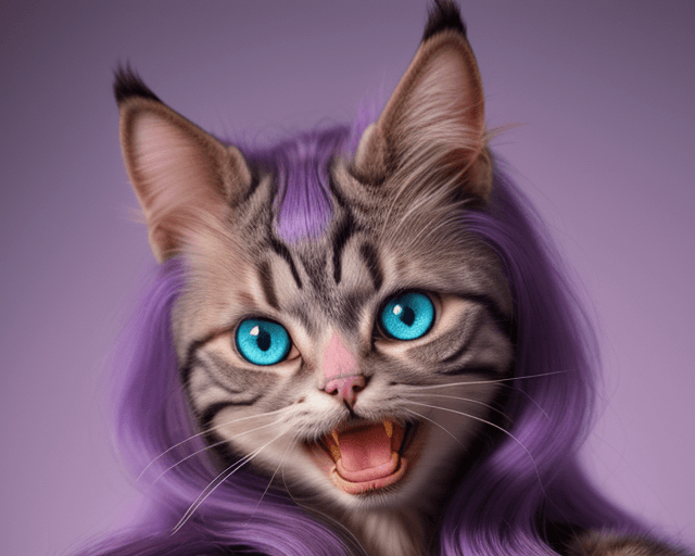 AI generated: Photo of a hairy cat with cute smile with embroidery on the head and dropping down. Glowing hair and...