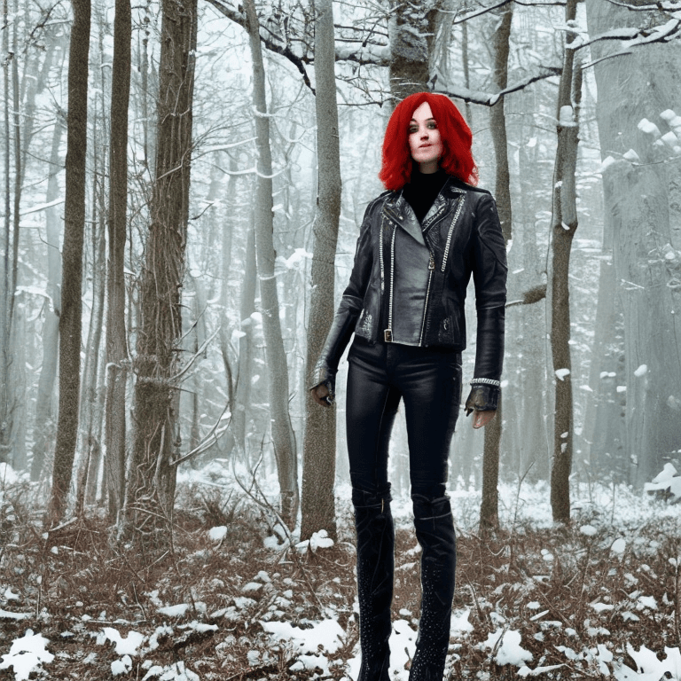 AI generated: Katy Perry wearing a leather jacket leather jeans and leather highboots,  with her red hair, standin...